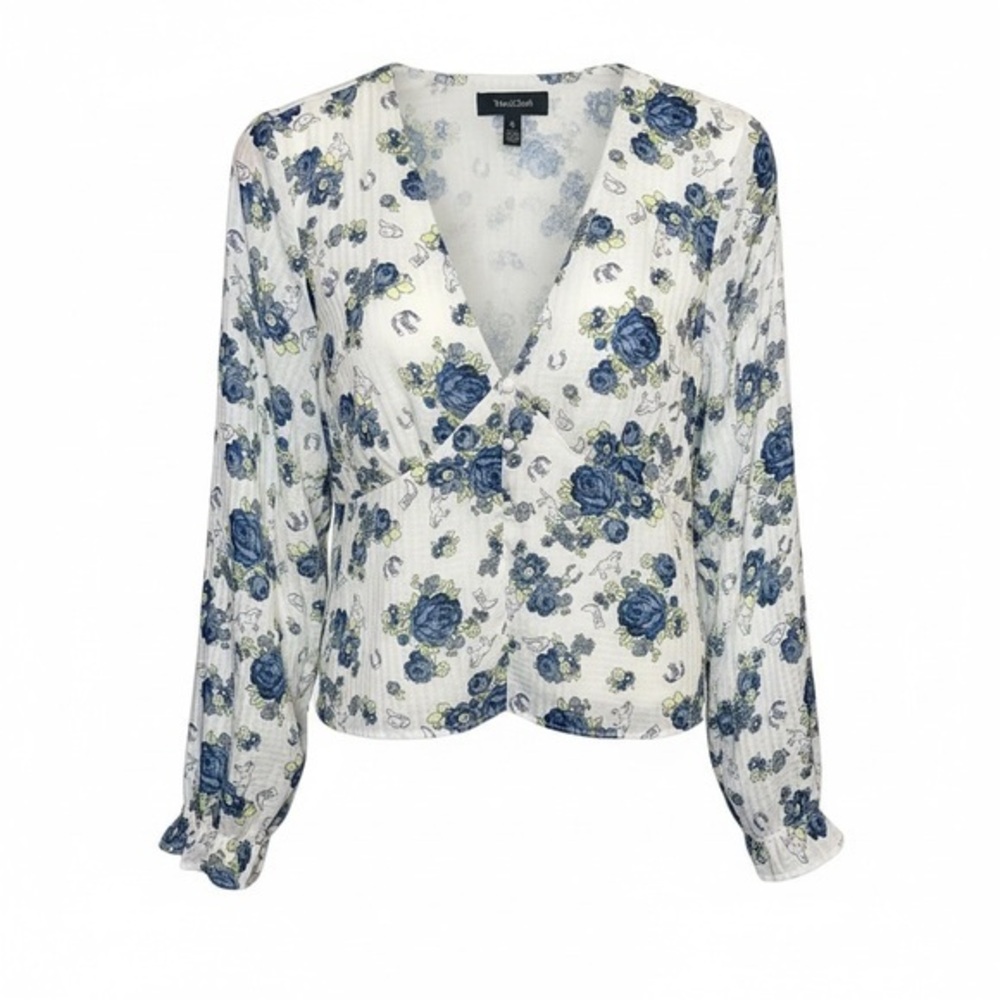 ModCloth Ivory Blue Floral V Neck Peplum Blouse XL Romantic Cottagecore